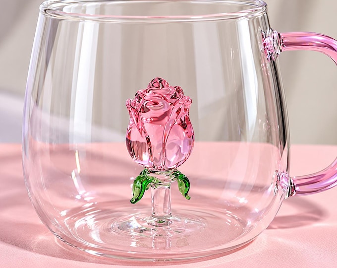 Pink Rose Glass Mug, 400ml Floral Coffee Cup, Romantic Tea Gift for Her