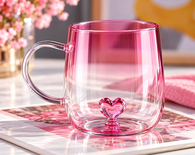 Pink Heart Glass Mug, 3D Heart Tea Cup, 300ml Romantic Drinkware