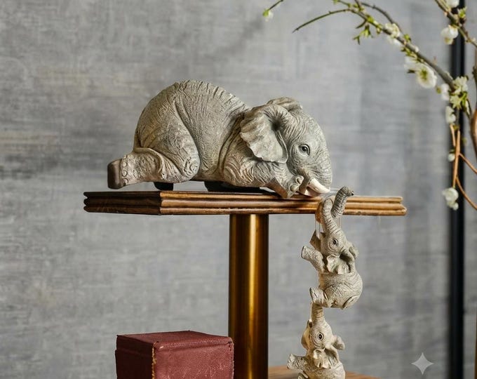 Hanging Elephant Family Figurine, Resin Animal Sculpture, Shelf Sitter , Mother and Baby Elephant Gift