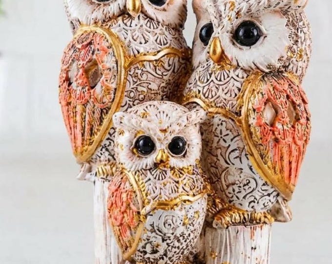 Handmade Owl Family Figurine, Statue for, Golden and White Animal Sculpture, Rustic Shelf Decor