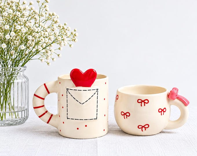 Ceramic Coffee Mug Set of 2, Heart Bow Cups, Valentines Day Gift