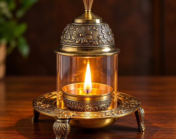 Traditional Brass Diya Oil Lamp, Akhand Jyot Deepak, Glass Pooja Mandir Lamp
