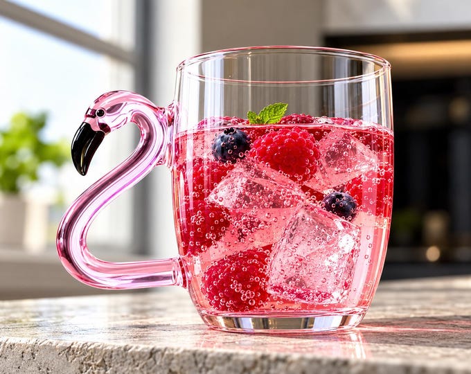 Pink Flamingo Glass Coffee Mug,  Bird Handle Cup, Unique Tropical Gift