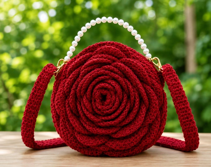 Red Crochet Rose Handbag, Handmade Floral Purse, Pearl Handle Shoulder Bag