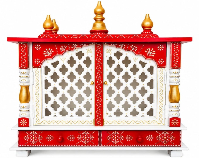 Wooden Home Temple Mandir, Indian Pooja Shrine, Hand Painted Prayer Altar