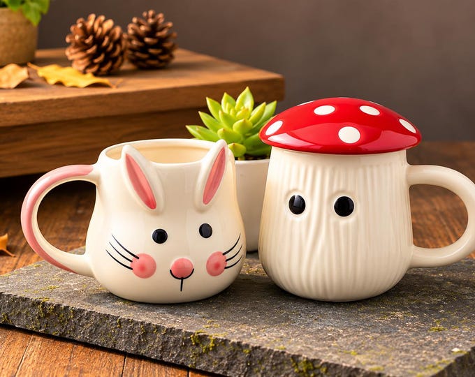 Bunny Rabbit and Mushroom Mug Set, Whimsical Ceramic Coffee Cups, Cottagecore Gift
