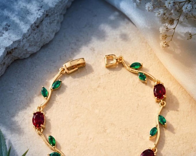 Ruby Emerald Gold Vine Leaf Jewelry, Dainty Gemstone Nature Inspired Gift for Her