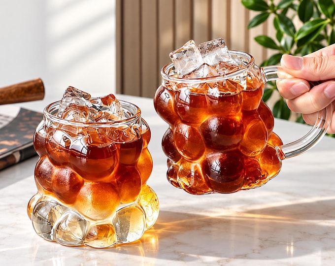 Bubble Glass Coffee Mug, 3D Textured Clear Cup, Iced Latte Drinking Glass