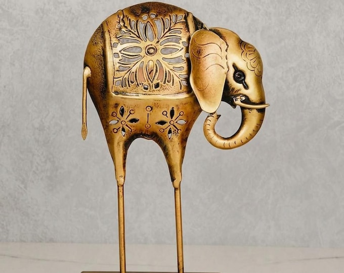 Tall Metal Elephant Tea Light Holder, Antique Gold Jali Lantern, Indian Table Decor Gift