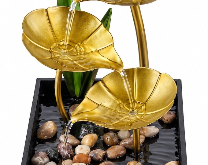 Golden Lotus Tabletop Fountain, Small Indoor Water Feature, Zen Home Decor