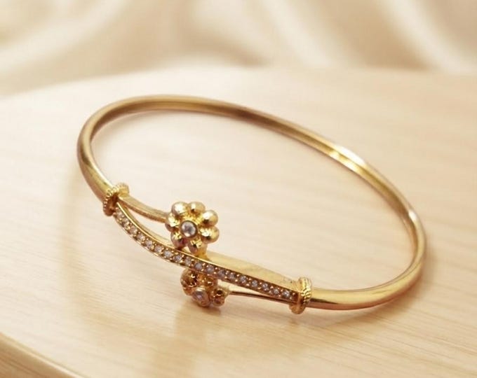 Floral Stone-Accented Bangle, Dainty Minimalist Cuff, Everyday Elegant Bangle Bracelet