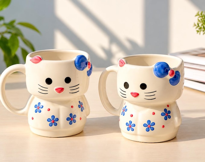 Cat Ceramic Coffee Mug, Blue Floral Kawaii Cup, Cat Lover Gift