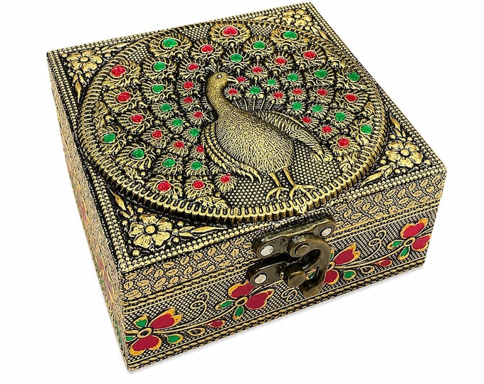 Handmade Peacock Wooden Jewelry Box Decorative Keepsake Gift Storage Box