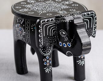 Indian Decor Hand-Painted Wooden Elephant Stool, Handmade Rajasthani Art Furniture, Colorful Side Table