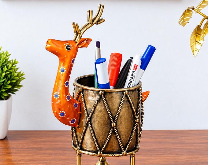 Deer Pen Holder, Metal Desk Organizer, Animal Office Decor, Rustic Tabletop Pencil Cup