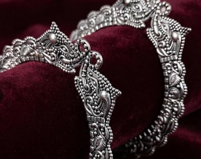 Oxidized Silver Peacock Bangles Set Ethnic Indian Tribal Kada Bohemian Statement Bracelet