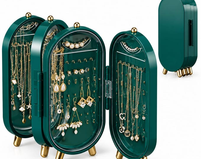 Emerald Green Jewelry Organizer, Gold-Tone Accents, Transparent Display Case