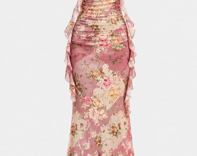 Pink Floral Ruffle Strap Maxi Dress, Fitted Mermaid Silhouette, Romantic Summer Gown