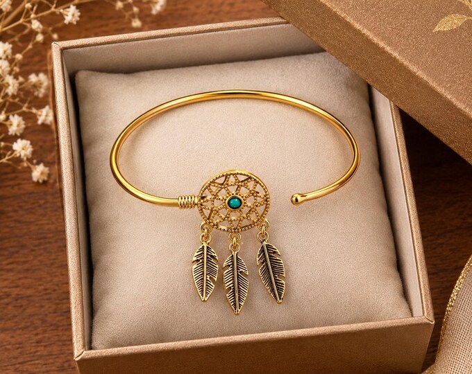 Dreamcatcher Turquoise Brass Cuff Bracelet, Boho Feather Bangle, Handmade Spiritual Jewelry