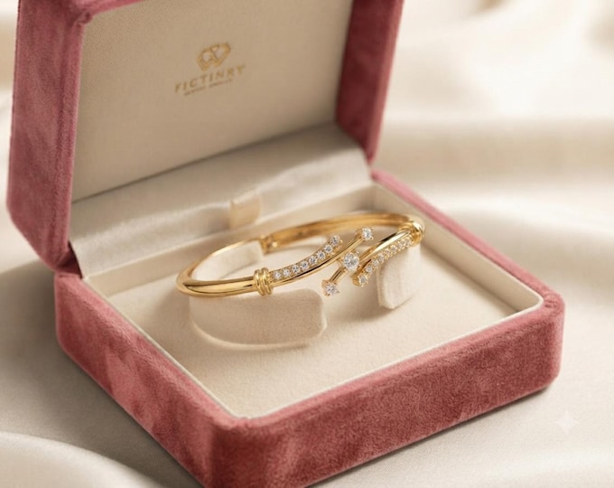 Gold Cuff, Diamond Bangle, Minimalist Statement Jewelry, Dainty Open Band, Elegant Gift for Her