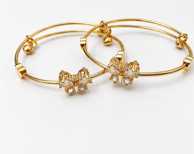 Gold Plated Heart Bangle Set Adjustable Charm Bracelet Crystal