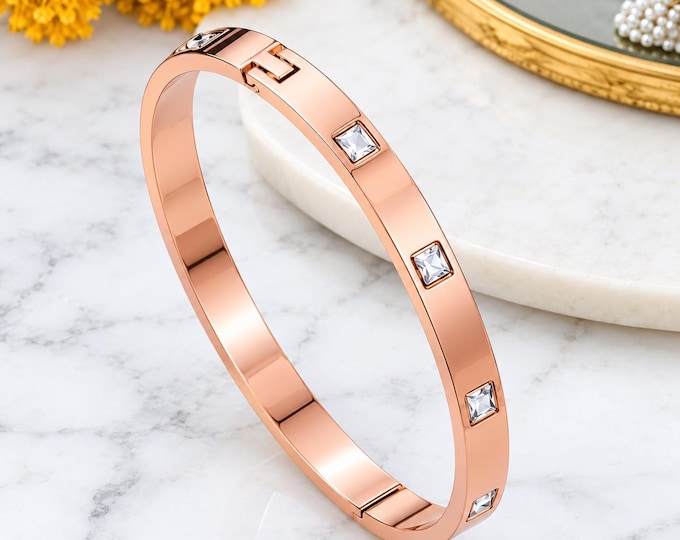 Rose Gold Crystal Bangle Bracelet, Square Rhinestone Cuff, Elegant Women’s Jewelry