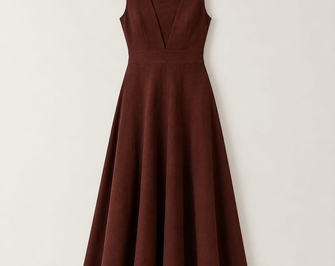 Elegant Brown V-Neck A-Line Maxi Dress, Sleeveless Formal Wear