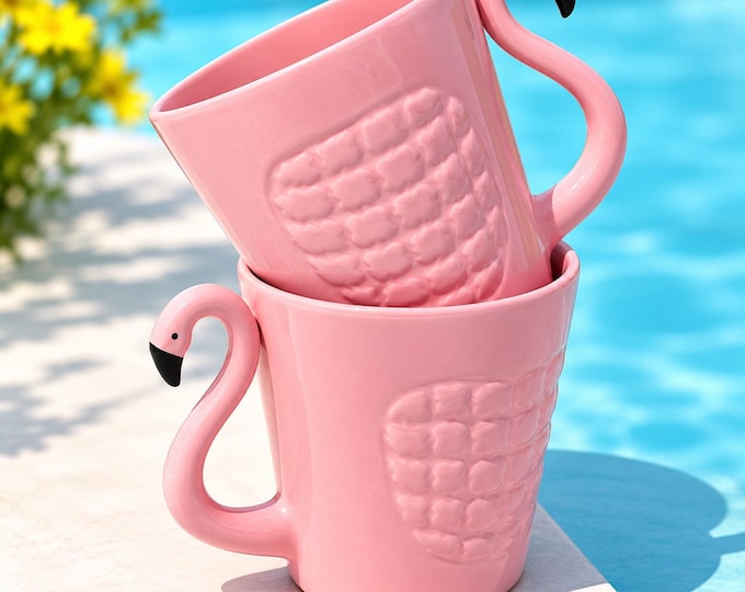 Pink Flamingo Ceramic Coffee Mug, Bird Handle Tea Cup, Tropical Gift, 320ml