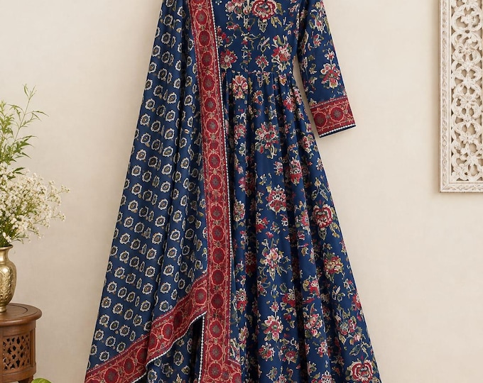 Blue Floral Anarkali Dress with Dupatta, Festive Ethnic Wear