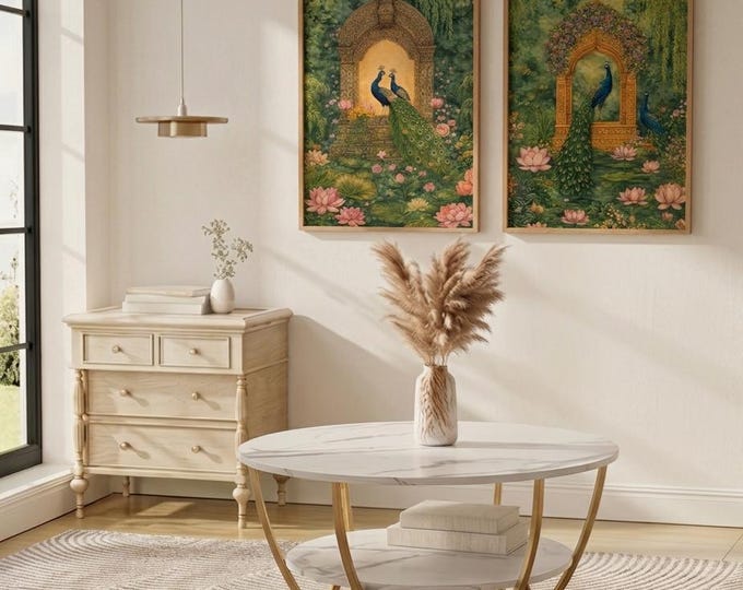 Modern Round Marble Coffee Table Gold Center Table With Peacock Wall Art Set