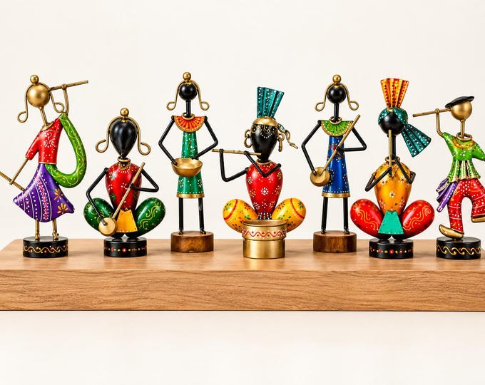 Handmade Metal Musician Figurines, Indian Folk Dancer Statues, Tribal Art Showpiece, Ethnic Home