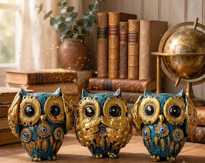 Evil Eye Owl Figurine, Wise Statue, Blue & Gold Home Decor, Tabletop Accent, Lucky owl