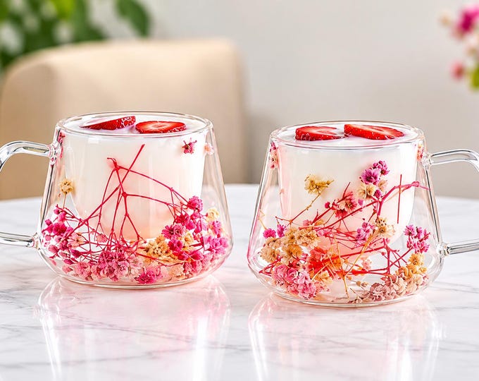Real Flower Glass Coffee Mug, Double Wall Floral Tea Cup, 180ml Gift
