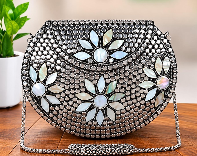 Floral Mirror Work Clutch Bag, Embellished Evening Purse, Wedding Party Chain Shoulder Bag