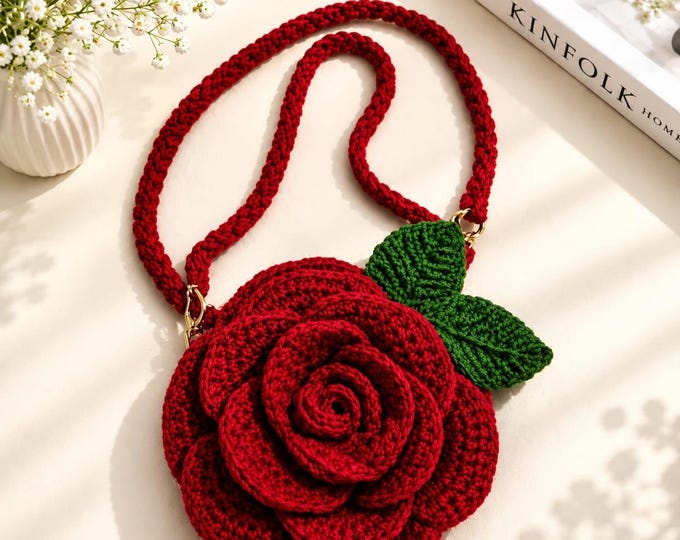 Crochet Rose Purse Red Flower Handbag Handmade Crossbody Bag Floral Shoulder Bag Romantic Gift