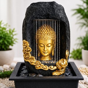 Puede incluir: Una fuente de agua de piedra negra texturizada con una cabeza de Buda dorada en el centro. Una cortina de agua fluye frente al rostro. La base es un cuenco cuadrado negro lleno de guijarros oscuros, decorado con motivos dorados de nubes y loto.