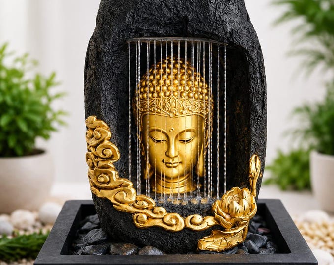 Buddha Tabletop Water Fountain, Indoor Zen Decor, Golden Meditation Statue, Home Office Decoration
