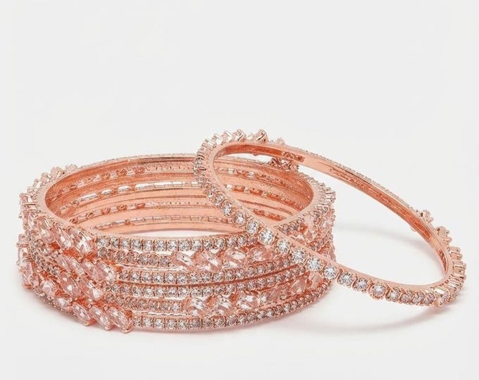 Rose Gold Diamond Bangles Set, CZ Stone Indian Bridal Kada, Sparkly Wedding Bracelets