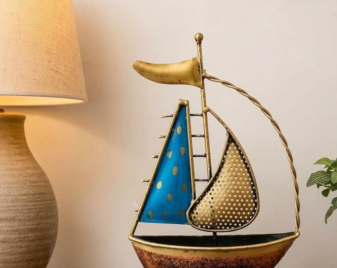 Decorative Metal Sailboat Showpiece, Nautical Ship Figurine, Coastal Home Decor Gift