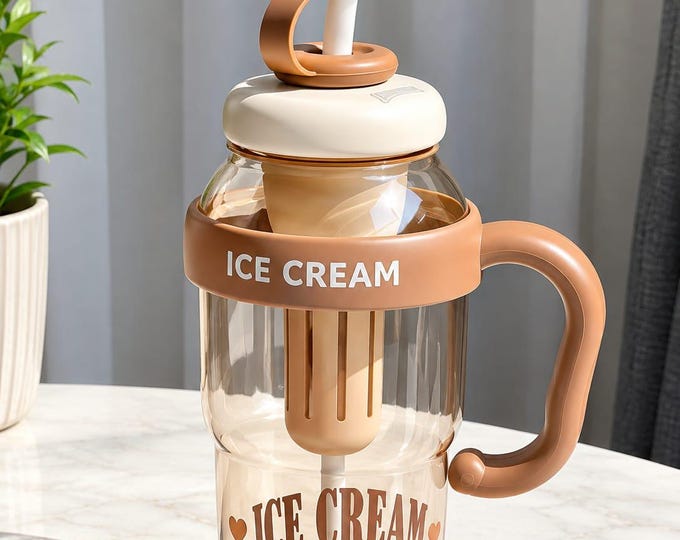 Ice Cream Glass Tumbler with Handle, Reusable Drink Cup (Dessert Design)