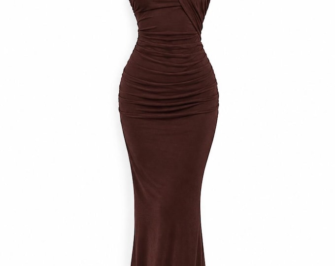 Brown Ruched Maxi Dress, Halter Neck Bodycon Mermaid Evening Dress