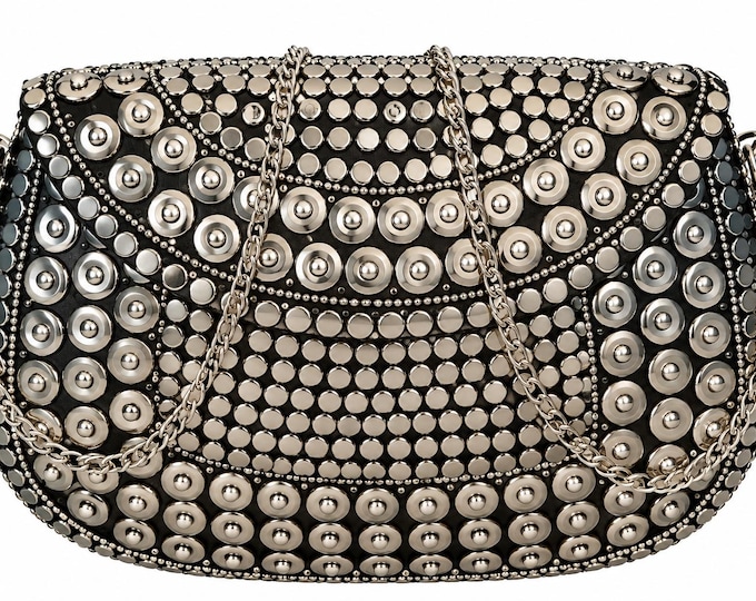 Black Studded Clutch, Embellished Evening Bag, Silver Metal Chain Purse, Party Handbag