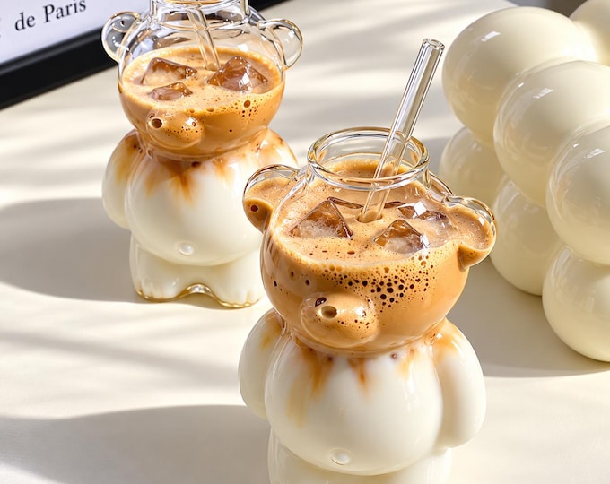 Bear Shaped Glass Coffee Cup with Straw, Clear Animal Mug, Unique Iced Latte Gift