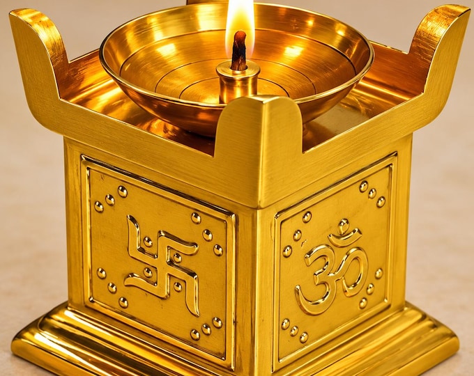 Pure Brass Diya Dhoop Holder, Om Swastik Oil Lamp, Hindu Pooja Mandir Decor