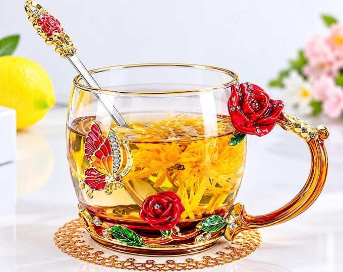 Luxury Glass Tea Cup with Spoon, Rose Butterfly Floral Coffee Mug, Elegant Gift
