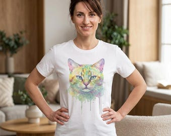 Watercolor Cat Face T-Shirt | Colorful Kitty Tee
