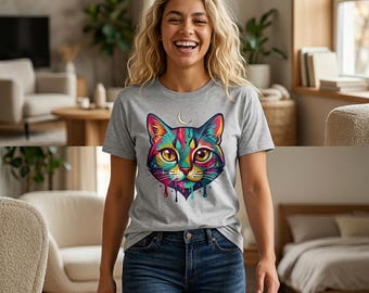 Colorful Dripping Cat Moon T-Shirt | Neon Psychedelic Cat Tee