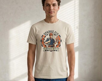 Funny Electrician T-Shirt | Retro Sparks Fly Graphic Tee, Licensed to Fix Workwear