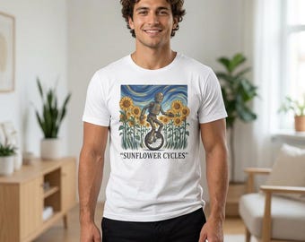 Sunflower Cycles robot on unicycle T-Shirt | sunflowers, van gogh sky
