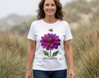 Purple Dahlia Flower Bee T-Shirt | Floral Nature Garden Tee